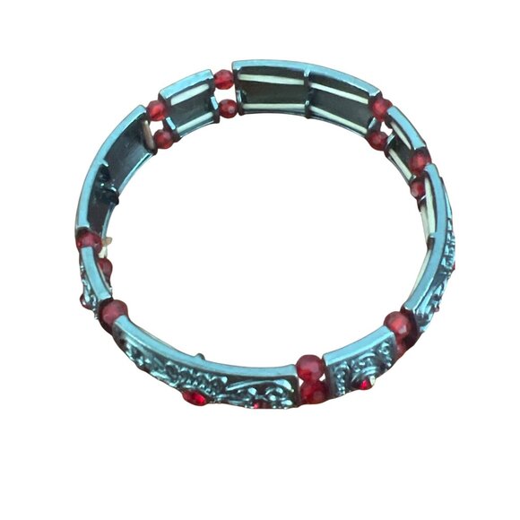 Vintage Gunmetal Panel Stretch Bracelet Red Cabochon Beads .5" Wide Estate 7.5" - Picture 3 of 5
